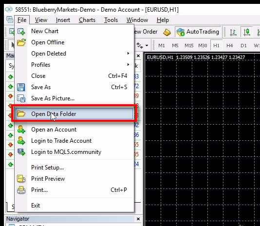 Click on Open Data Folder menu;It will open MT4 Data Folder where you need to add additional files before creating and compiling protected Expert Advisors. If you have multiple MT4 terminals on your computer and do not know which one to use, then my simple recommendation is to use the one which already has your EA or Indicator code. In any case, just decide which one you'll use and then stick to it when creating and compiling protected EA files. You can change the terminal later if you want.