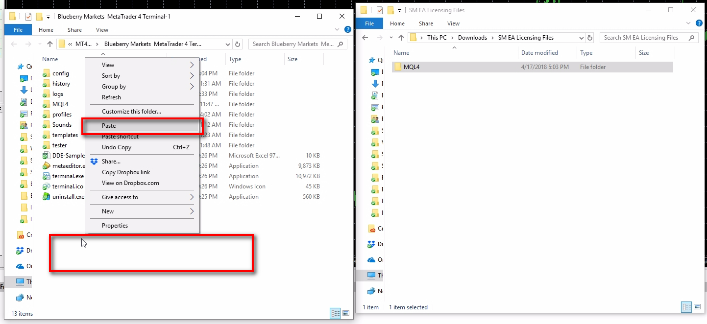 Paste the EAL files into MT4 Data Folder;Now right-click anywhere on the white area in the MT4 Data Folder on the left and then click on Paste menu.