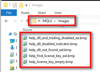 Image files for EAL protected EA;MetaEditor uses these files during the EA compilation. They give a visual explanation in case the user sets something incorrectly in the MT4 or EA settings. IMPORTANT! Your users will NOT need these files to use the EA. You need to keep these files secret and not reveal to anyone.