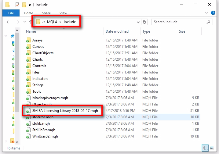 MQH Include file for EAL protected EA;Most of the EAL MQL4 code is in this MQH file. This way I made it easier to add MQL4 code to the Expert Advisors we want to protect. It is because now we do not need adding 600+ lines of code which is in this file (SM EA Licensing Library 2018-04-17.mqh). We'll tell the EA to include the code from this file with just one line of code. Note the date in the file name. It is the file version. I never change this file. If I make any changes to this file, it will have another date in its name. If you see multiple versions of this file, then use the latest one. If you start using one version and later want to use another version you should make sure the rest of the MQL4 code in your EA matches the same version too. IMPORTANT! Your users will NOT need this file to use the EA. You need to keep this file secret and not reveal to anyone.