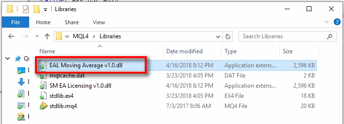 Newly created DLL file;Here's the newly created DLL file which we will use for the new product 'Moving Average' EA. Users will also require installing this file into their MT4 Data Folder together with the EA. In summary, users will have to install these two files to use your protected EA: 1) EA file 2) DLL file Of course, if your EA requires using some other files, then these will be necessary too, but that's different from the EAL MQL4 code. Note the file name because we will use it in the EA. It will be a part of the EAL MQL4 code. I named the DLL file to match the product name and added EAL at the beginning to give myself a clue that this DLL is for EA Licensing system. You can name the DLL file any way you like, but I strongly recommend you keep the 'v1.0' part at the end. It will help to differentiate between different DLL file versions if there happen to be new versions in the future as the EAL system gets upgrades.