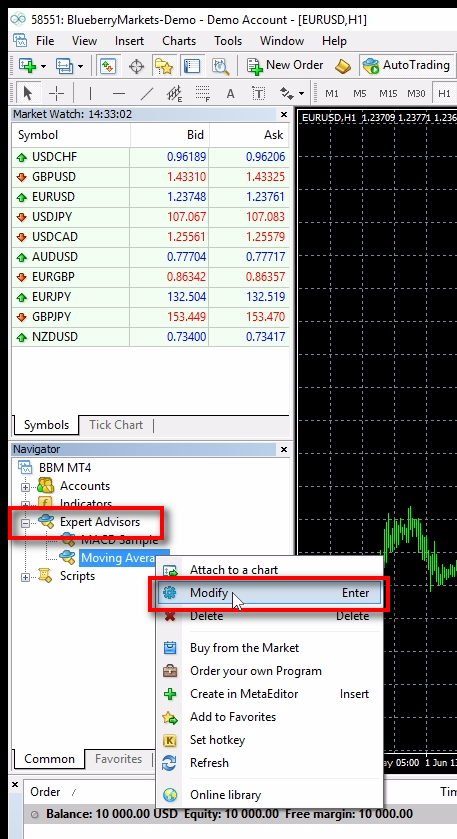 Open MetaEditor from MT4;In this tutorial, I will use Moving Average EA as an example and add a License Key into this EA. It can be any EA or Indicator you have. I will continue explaining how to add the MQL4 code to the Expert Advisor, but the same steps can be applied to the Indicator as well. You will need a little knowledge of MQL4 to add the custom code, but even if you've never seen MQL4 code before it should be quite an easy task. In fact, you might also learn some MQL4 code after this implementation :-) The first step is to open the MetaEditor. It is the software which allows to edit MQL4 code and compile apps for MT4. There are two ways to open the MetaEditor. One way is to right-click on the EA from the 'Expert Advisors' list in the 'Navigator' window and then choose 