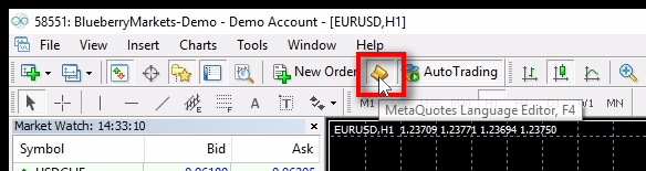 Another way to open MetaEditor;You can also click on the yellow icon in the top toolbar of an MT4 terminal to open the MetaEditor. This way the MetaEditor should open and load all previously opened files. If you're loading it for the first time, it should load without any files open.
