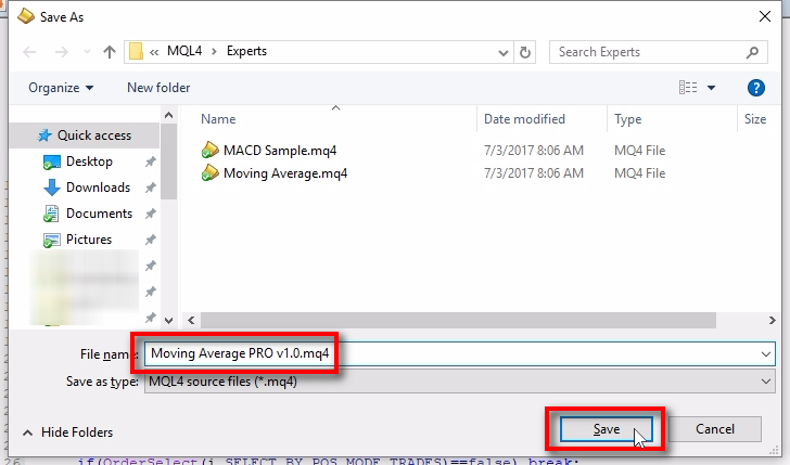 Click Save to create the new EA file;We name the new EA differently. We use the same original name and add the PRO at the end which indicates that this is the PRO version of the EA. We already know that the PRO version allows more MT4 account numbers as we created previously in the EAL system of the Signal Magician panel. As you notice, we've added 'v1.0' to the file name which indicates that this is the version number 1.0 of this EA. I recommend you keep this practice and always change version number when you update the EA. For example, you add new features or fix bugs in the 1.0 version, but instead of keeping the same file name you would want to name it 'Moving Average PRO v1.1'. This way your users will know that this is a new version and it will be less confusing for yourself too. Also, it is very convenient when helping customers if they have trouble with the EA. Imagine a scenario where a user reports a bug. You fix it and send EA version 1.1, but the user still claims that he gets the same problems with the EA. You see everything works fine on your end and now you are confused to understand what's going on. You ask the user to send the screenshots of the chart and then notice that there is an old EA 1.0 attached to it. If the file name did not have a version number, you would not saw that coming :-) It happened to me several times, and for the past six years I am always adding a version number in the file name. But know that you have the right to have any file name you want ;-) 