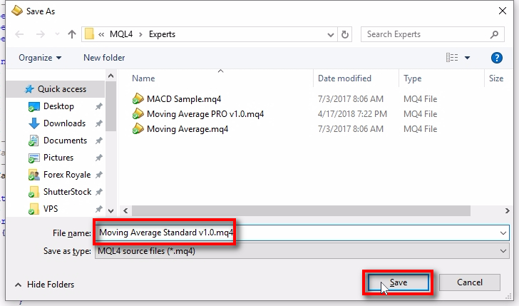 Click Save to create one more EA file;Again, we name the new EA differently. We use the same original name and add the 'Standard' at the end which indicates that this is the Standard version of the EA. We already know that the Standard version allows less MT4 account numbers as we created previously in the EAL system of the Signal Magician panel. However, additionally, we can make this EA version have fewer features or less EA Inputs.