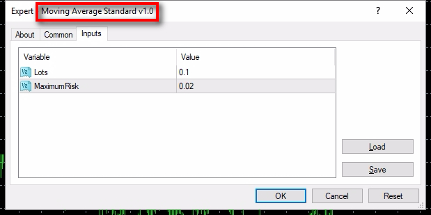 EA Inputs of the Standard version;We attach the EA to the chart and get this window loaded. Then we switch to the Inputs tab and see two parameters here. Remember, we hide the other 3 parameters. It means the EA still uses them at their default values, but users cannot change them. Now let's see how this looks like for the PRO version.