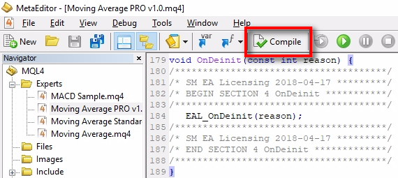 Compile the Expert Advisor;We've added the EAL MQL4 code, and now it is time to compile the EA file. Click the 'Compile' button in the top toolbar. Watch for the result at the bottom of MetaEditor.