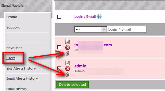 Open Users page;Open 'Users' page from the left menu in the Signal Magician web-panel. You will see a small keys icon next to each user. Click the keys icon next to the user for whom you want to create a new License Key.