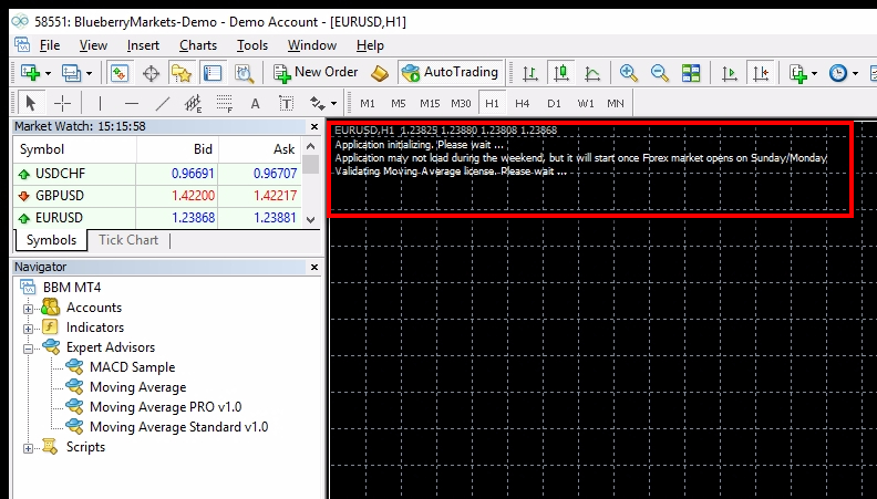 Expert Advisor is loading ...;When the EA is loading, you'll see it print some information. Take a look at it to understand what's going on :-) Note that the EA might not load during the weekends and it will start working once the Forex market opens on Sunday/Monday. 