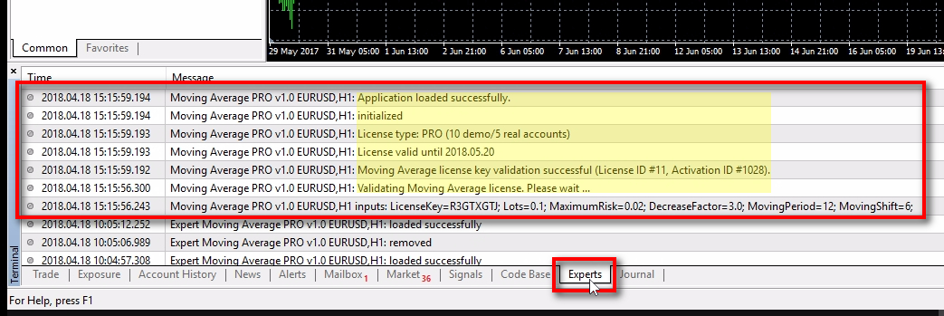 Another place to check if the EA loaded successfully;Another way to check if the EA loaded successfully is the EXPERTS tab at the bottom of the MT4 terminal. Look for messages from your EA. You can see all messages have a time stamp and start with the name of the EA, chart instrument and its time frame. When you see messages like 'Application loaded successfully' and 'License key validation successful' then it means EA was able to validate the License Key and start its operations. The next steps of what the EA should do depends on what your programmer created, etc. It is beyond EAL system and should be taken care of by your programmer. 