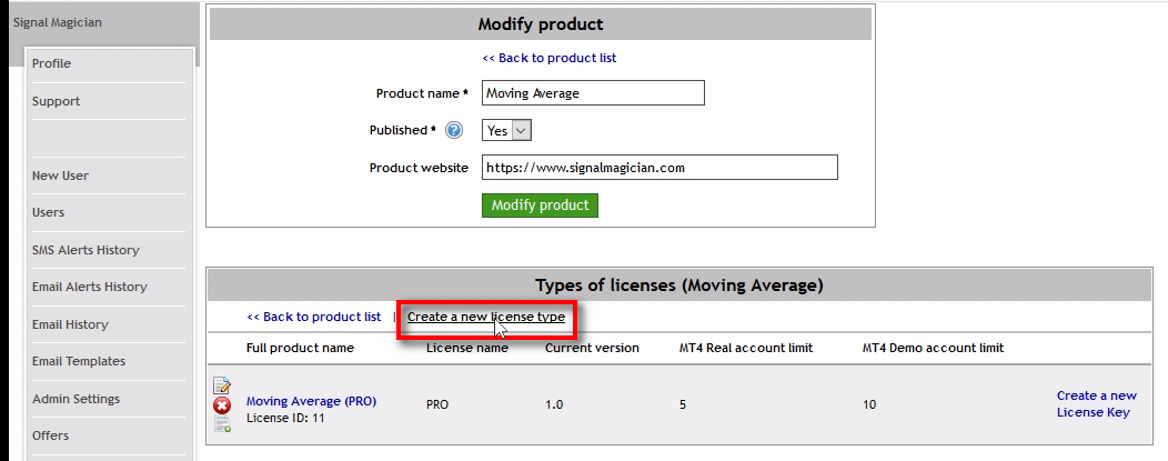 Open page again: Create a new license type;We can see PRO license type already created. Now we will create 'Standard' license. Click on the 'Create a new license type' link in the 'Types of licenses' table.