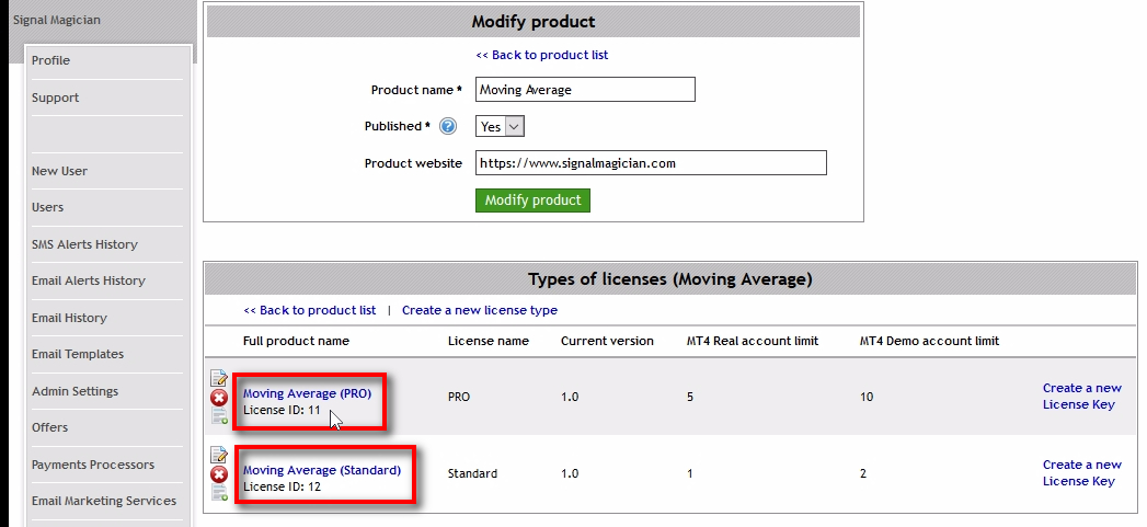 Notice the License ID;Now that we have license types created we can proceed to the next step and prepare the files required for the protected EA. But before that, note the License ID of both license types. We will need these numbers later when we add MQL4 code to the EA. PRO License ID = 11 Standard License ID = 12 