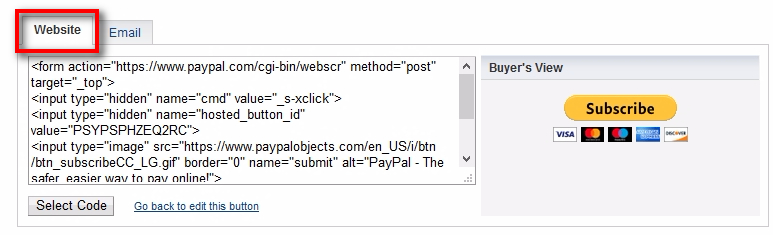Copy HTML code for the web-site When PayPal creates your new button, you'll be taken to the page with its HTML code. Copy this HTML code to your website and the Subscribe button will appear giving your visitors the ability to subscribe to your services.