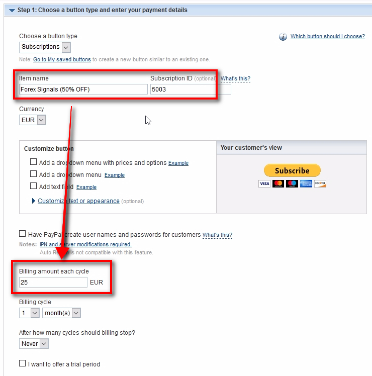 We'll have all the same parameters as for the second button, but here we will add 50% OFF to the item name, create a new Subscription ID (5003) and change to the discounted price of 25 EUR.