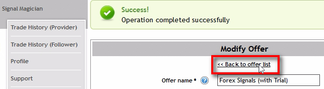 When the button is created click on Back to offer list.