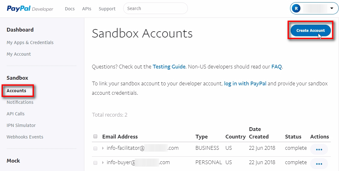 Create PayPal Sandbox Accounts Inside PayPal Developer account you'll need to create at least two PayPal Sandbox accounts. Sandbox accounts used for testing purposes without involving real money. When I logged into the PayPal Developer account, I saw that two PayPal Sandbox accounts created automatically. So I used them for testing. But in case you don't have Sandbox accounts create them by clicking on Create Account button in the Sandbox-Accounts section. Create one PayPal Sandbox account of Business type. It will act as a Forex signal service account. In other words, imagine that this is your account where you'll receive the payments from your customers. Create another PayPal Sandbox account of Personal type. It will act as a customer account. In other words, we'll make test purchases with this account to see how the process works.