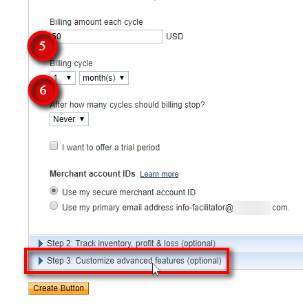 Set billing amount and cycle then switch to Step 3 to add required URLs.