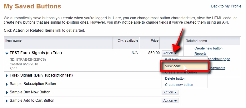 You can always view the HTML code and URL of any PayPal button by clicking the View code from the Action menu.