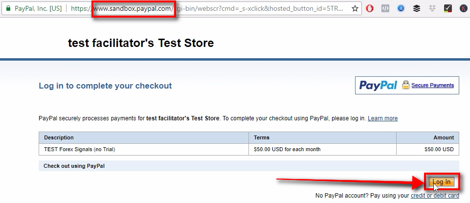 Notice the www.sandbox.paypal.com domain. It means this URL is for testing purposes. Click on the Login button to continue.