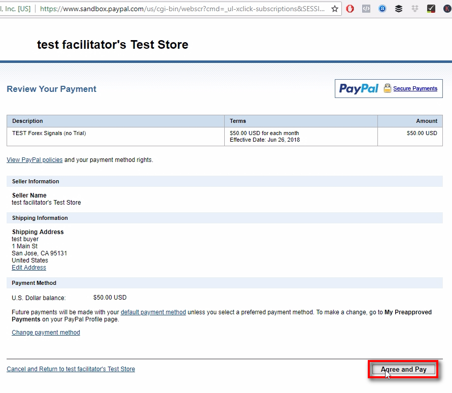 Click Agree and Pay or follow other instructions on the page to continue with this test purchase.