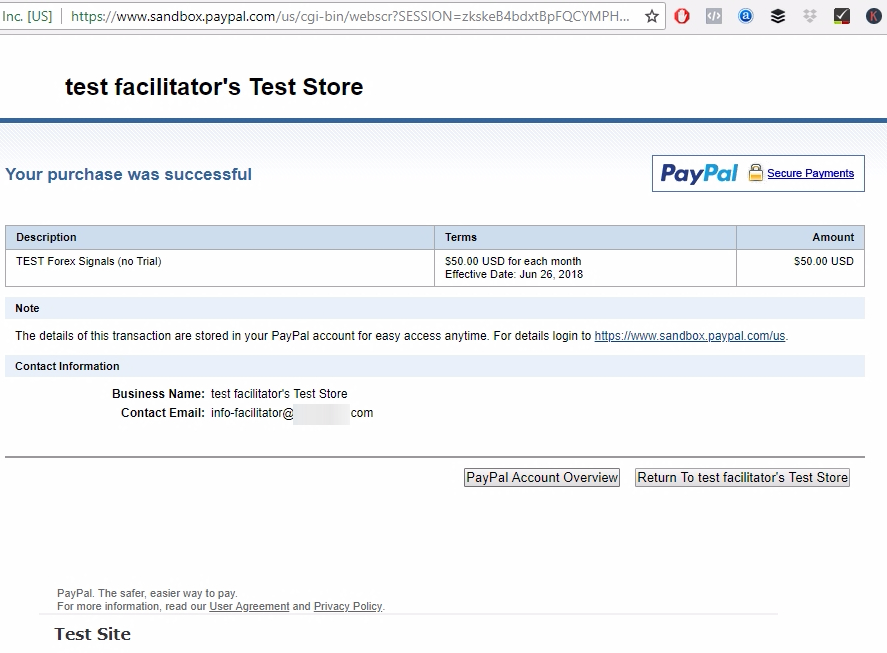 Test purchase was a success. You can see the text Test Site at the bottom and also the domain name is still www.sandbox.paypal.com which means this was a test purchase. Don't close this page yet. We'll get back to it soon. Now wait 10-20 seconds for the PayPal IPN to trigger and call the Offer, then switch to Signal Magician. PayPal IPN operates in the background, and we don't see it. So nothing will happen on the screen.