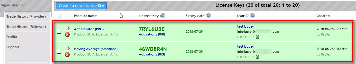 Here are two License Keys created for those particular products that are added in the Offer which is triggered by the PayPal Subscription ID 5002.