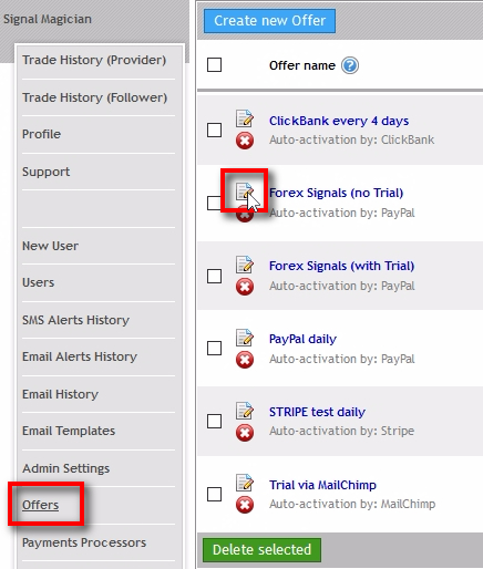 Let's do an experiment before we process the refund on PayPal Sandbox account. It will help you to understand better how Offers work. As you already know, Offers can have multiple services and PayPal Subscription ID numbers assigned. It is how Signal Magician knows which Offer each PayPal Subscription ID (button) triggers and what services must be created for the user. For this experiment, we'll edit the Offer with the PayPal Subscription ID 5002 and then process a refund for this particular subscription. Open Offers page and click on the Edit icon next to the Offer which has PayPal Subscription ID 5002 assigned.