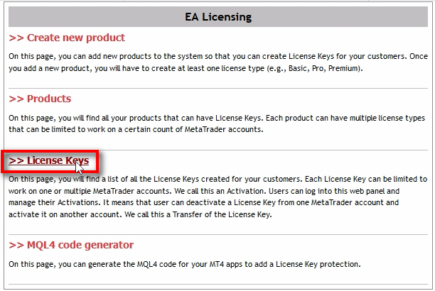 To make the experiment more interesting we'll create an additional License Key manually for the new user. Open the EA Licensing page and then click on License Keys.