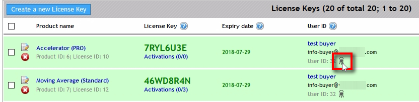 Click on Keys icon next to the new username to create a new License Key manually.