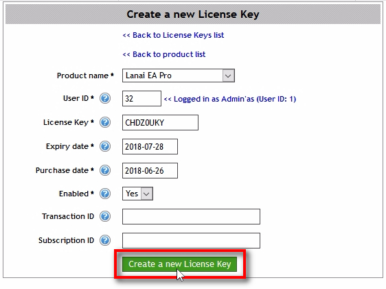 Let's choose to create Lanai EA Pro License Key. Click on Create a new License Key button.