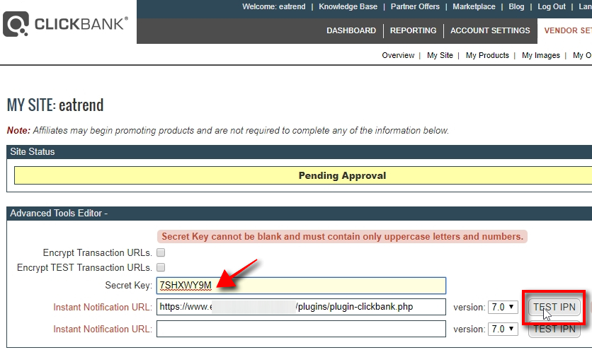 Paste the Secret Key into the corresponding field. Then, click TEST PIN button next to your INS URL to verify it.