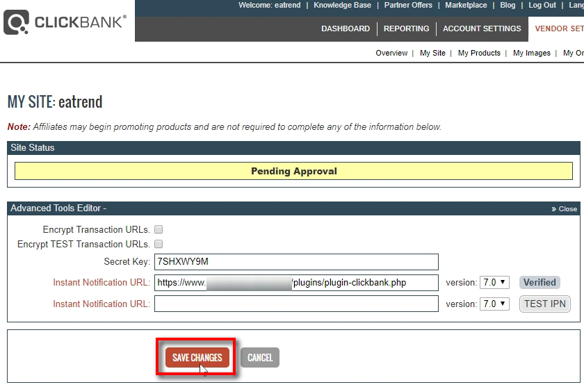 When INS URL is verified, click on the Save Changes button. If you get an error here, then try the following: 1) Make sure the URL is correct. 2) Make sure Secret Key is right. 3) Go to My Site from the top menu and open the Advanced Tools section again. Now try to copy/paste the Secret Key and URL once again. 4) Contact technical support.