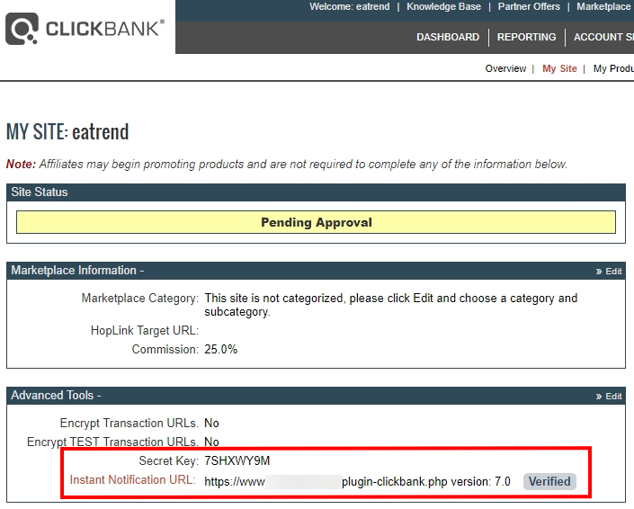 When you save the INS URL and the Secret Key you should see them in the Advanced Tools section on the My Site page.