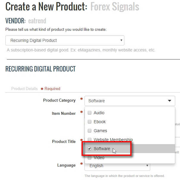 Choose Software as a product category.