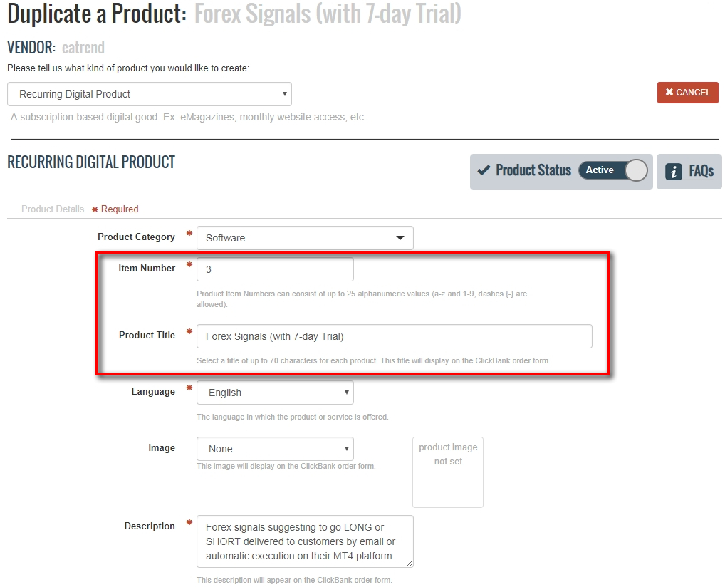 Mostly all parameters remain the same as for the Item Number 2 we've created recently. Item Number, of course, will be different. For the Product Title, we will use the same but add 7-day trial so that it makes it clear what service is offered.