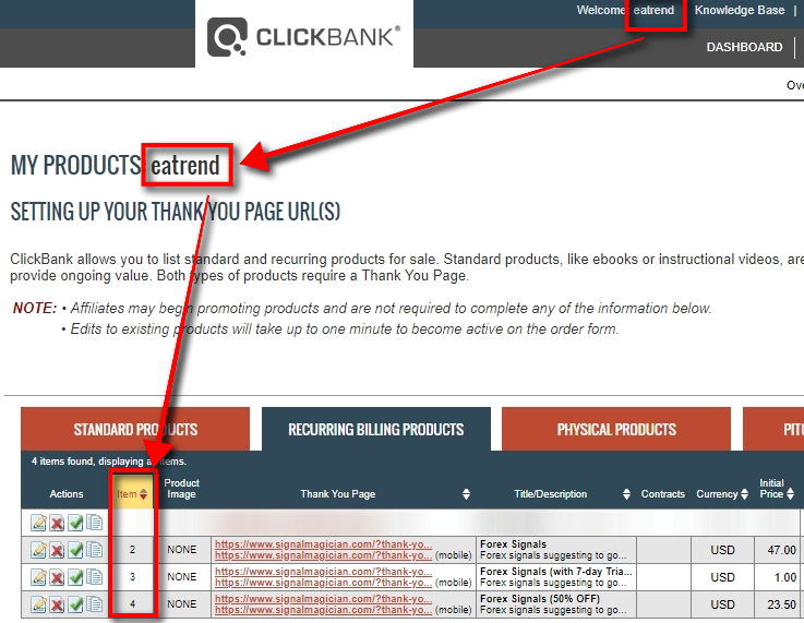Build Your ClickBank Payment Link Each of your products on ClickBank has its payment link, and it is what allows customers to purchase your product via the ClickBank order form. You'll need to manually create the payment link to send customers to the order form. Your payment link format looks like this: https://VENDOR.pay.clickbank.net/?cbitems=ITEM Notice the URL has two parameters: VENDOR - this is your ClickBank ID. It is also called ClickBank username, ClickBank login, or ClickBank vendor name. In this tutorial, ClickBank vendor name we use is eatrend. You can find your ClickBank ID at the top of the page when you are logged into your ClickBank account. ITEM - this is product Item Number. We have three products created, and their Item Numbers are 2, 3, and 4. Our ClickBank vendor name is eatrend so here are three payment links we create. Payment link for Item Number #2 Forex Signals (without trial): https://eatrend.pay.clickbank.net/?cbitems=2 Payment link for Item Number #3 Forex Signals (with 7-day Trial): https://eatrend.pay.clickbank.net/?cbitems=3 Payment link for Item Number #4 Forex Signals (50% OFF): https://eatrend.pay.clickbank.net/?cbitems=4 Now we can use these payment links for test purchase. When you get your ClickBank account and products approved you can use your payment links on your website, send them by email, Telegram, Skype, etc. For best use, payment links should be added on your Pitch Page where you have your products and services explained with pricing plans and all other relevant information.