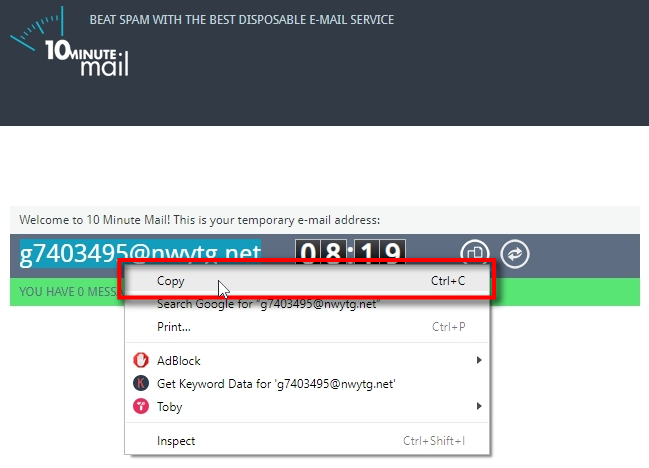 We will use 10minutemail.com to create a temporary email address for this test purchase. Copy the email address to the clipboard.