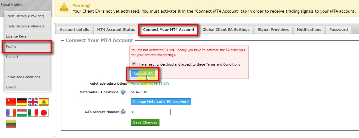 At the top of the page, there's a notice for the customer that his Client EA is not yet activated. It is recommended to leave the activation task to the customer so that they take action before receiving trading signals to their MT4. To activate the Client EA, user must open Profile page and navigate to the Connect Your MT4 Account section. Then, user must agree with the Terms and Conditions and click the Activate EA button. Once EA is activated it can be attached to the MT4 account and start receiving trading signals.