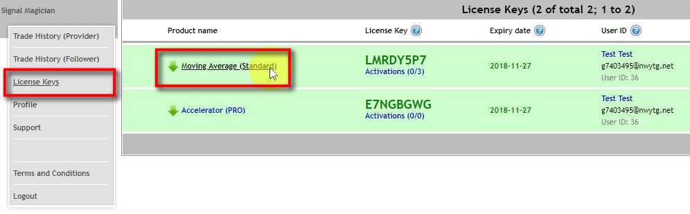 When customer opens License Keys page there will be download links and License Keys for all products available to him. In this example, there are two products which were included in the Offer activated by Item Number 2. To download the software user must click on the product name and then enter the assigned License Key into the Inputs section when attaching the software on the MT4 chart.