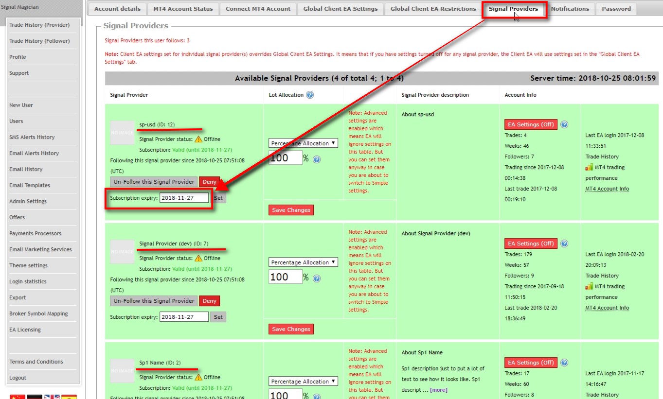 We switch to the Signal Providers section to see that all three Signal Providers were enabled. The expiry date is 1-month + 3 days in the future. ClickBank will charge the user's account after 1-month. If it's a success, then the expiry date will be extended, and the user will continue using services without interruption. If ClickBank isn't able to charge user's account after 1-month then after an additional three days the customer will lose access to these services.