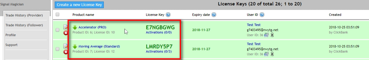 Here are two License Keys created for those particular products that are added in the Offer which is triggered by the ClickBank Item Number 2.
