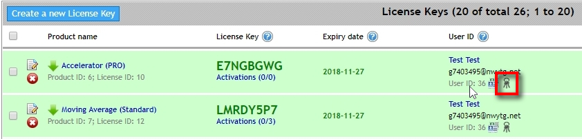Click on Keys icon next to the new username to create a new License Key manually.