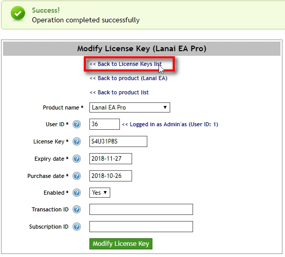 When License Key is created click on Back to License Keys list.