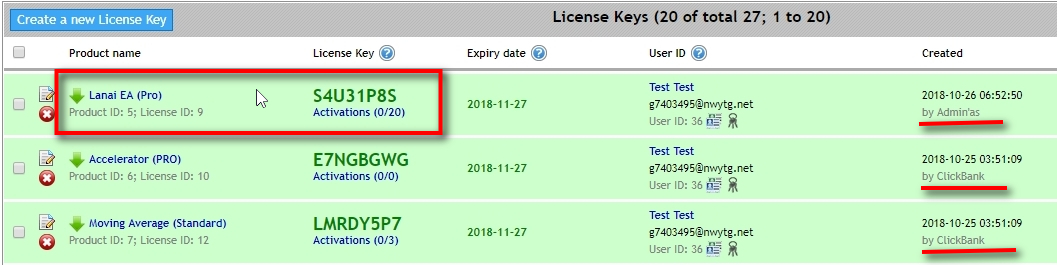 Here it is. A new License Key for a new product for a new user. You can see in the Created column it says created by Admin, but ClickBank created other two License Keys for the same user. So why we are doing this and how it makes this experiment more interesting? Well, we want to illustrate how modifying the Offer affects the refunds that happen from time to time in any business. We want to show that it is not a good idea to modify Offers when you already have customers created through these Offers. And if you do need to change the Offer, then you should be aware of the consequences. We always recommend creating new Offer or even new ClickBank products if required instead of modifying existing Offer when there are already products and services created from that Offer. Now, we will process a refund for the payment of this new user, and it will trigger the same Offer. But because it will be a refund request, it will revoke the access to all the services added to the Offer for that particular user. But we've already removed SPID 12 and Moving Average Standard from the Offer. It means the Offer will not touch these services as well as those created manually.
