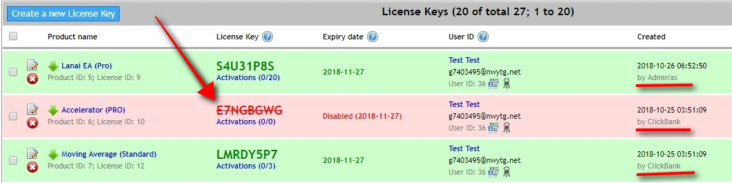 Once the refund request is processed, open the License Keys page to see that the Offer disabled only Accelerator PRO License Key. It is because this particular Product is still listed in the Offer. We've removed Moving Average Standard from the Offer, so it did not disable its License Key, and the Lanai EA Pro was created manually. Offer cannot touch manually created License Keys.