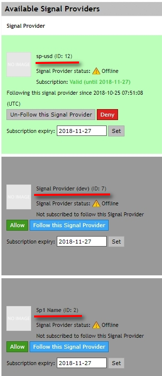 Open Signal Providers section to see that after the refund the Offer disabled Signal Providers by ID 7 and 2. It is because these particular SPIDs are added to the Offer. We've removed SPID 12 from the Offer, so it was not disabled.