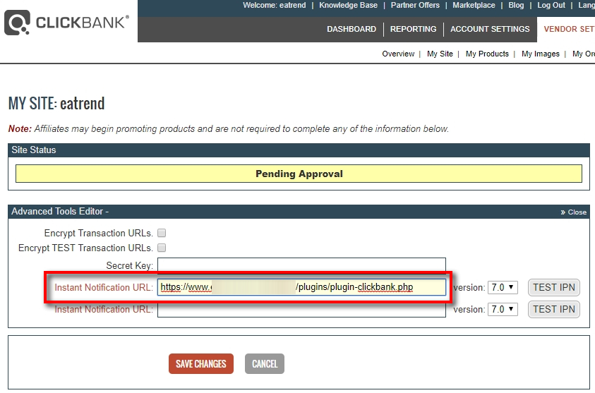 If this is not the first time you are visiting Advanced Tools Editor section, then you should be able to input your INS URL. Paste the INS URL from Signal Magician into the Instant Notification URL field inside ClickBank. Then, make sure version 7.0 is selected next to that URL. As you can see, there's a second INS URL field. Use this one instead in case you are already using the first ClickBank INS URL for some other software or service.