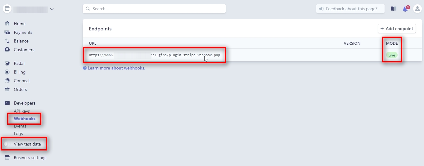 Copy Webhook Live Signing secret code to Signal Magician Now, let's copy and paste Webhook Live Signing secret code to Signal Magician. First, turn off the View test data from the left menu (to make it NOT orange). Then, open the Developers - Webhooks page. Inside, we see a Webhook URL we've just added, and in the 3rd column it says Live. We click on that URL to open its properties.