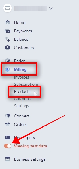 Create a product and pricing plans in Stripe Test mode To create products and pricing plans in Test mode we need to open the Billing - Products page and switch to the Viewing test data mode. Make sure the Viewing test data switch in the left menu is orange.