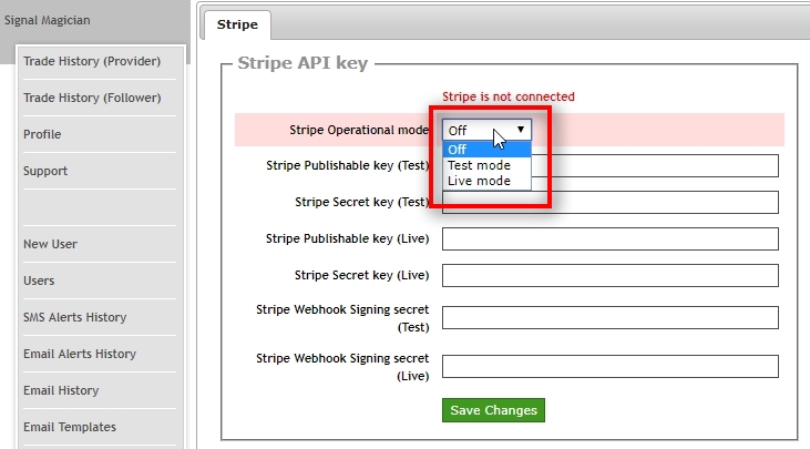 Turn on Stripe Webhook listener To enable Stripe plug-in in Signal Magician, we need to input six API keys provided by your Stripe account. Stripe named them Publishable key, Secret key, and Webhook Signing secret. Each of these codes has a Test and a Live version, and we need to input all of them. You can learn more about these Stripe API keys in this article: Stripe API Keys.